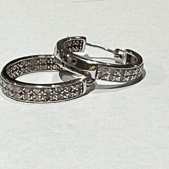 DBJ Natural Diamond Mini 22mm Hoop Earrings 925 Sterling Silver - Picture 1 of 9